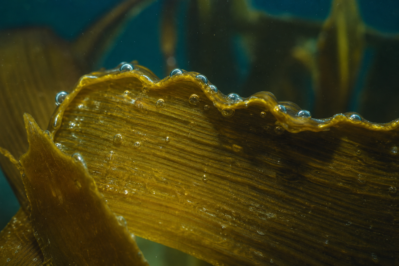 Macro photograph of brown seaweed underwater with rising bubbles